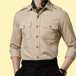 Ralph Lauren Purple Label Cream Twill Shirt Long Sleeve Button Up Double Pocket
